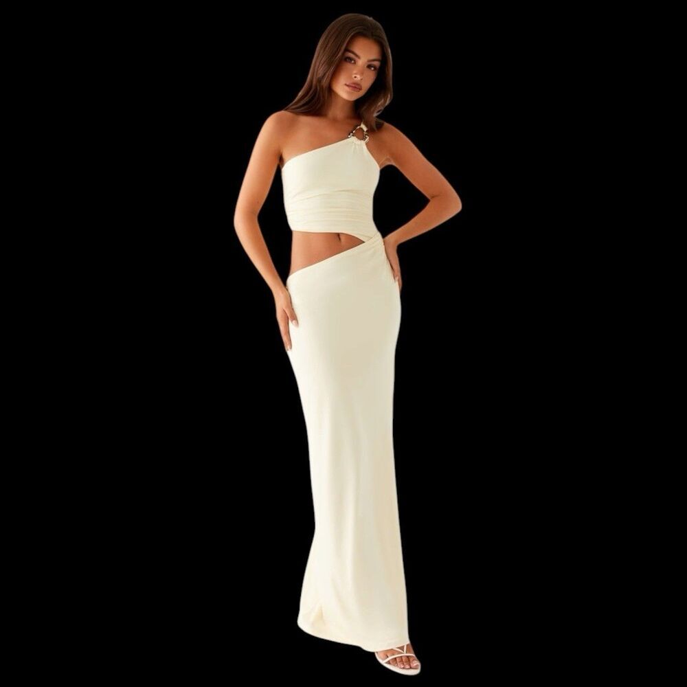 Peppermayo Peta Maxi Dress Women US 8 Yellow One Shoulder Cut Out Formal Gown